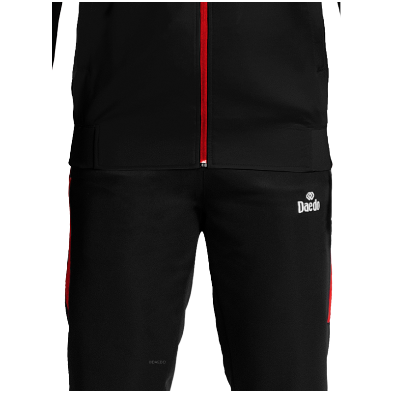 Survêtement Coupe Ajustée Sans Col Noir et Rouge – Polyester 100%, Tailles 10-XXXL | Artsmartiaux.fr