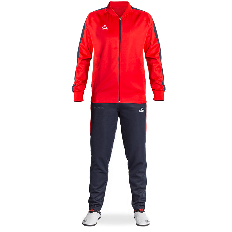 Survêtement Coupe Ajustée Sans Col Rouge et Bleu – Polyester 100%, Tailles 10-XXXL | Artsmartiaux.fr